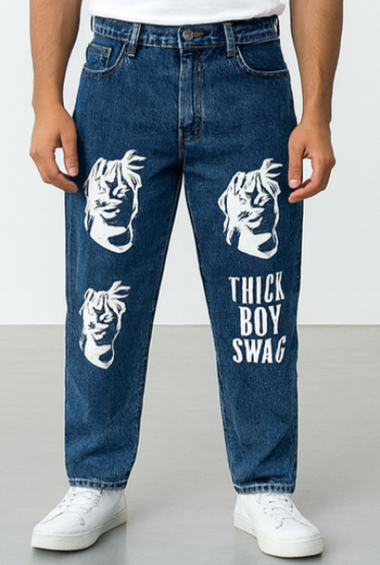 Blue Baggy Jeans with Graphic Print