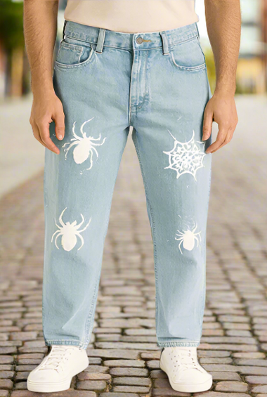 Light Blue Jeans with Spider &amp; Web Print