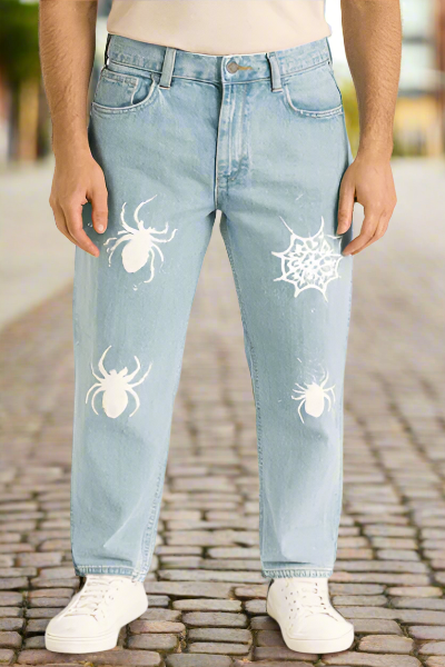 Light Blue Jeans with Spider & Web Print