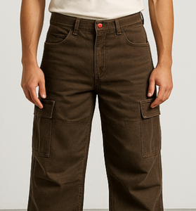 Brown Cargo Wide-Leg Jeans with Back Print