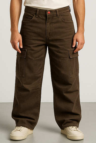 Brown Cargo Wide-Leg Jeans with Back Print