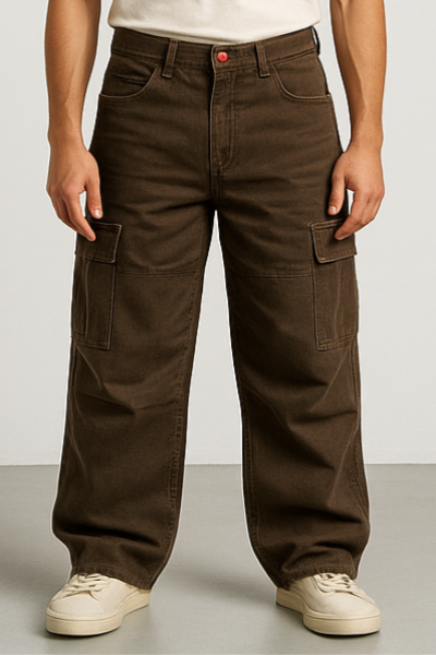 Brown Cargo Wide-Leg Jeans with Back Print