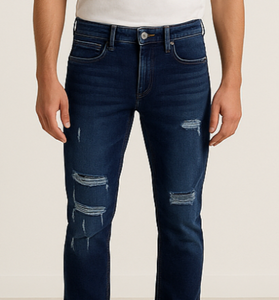 Distressed Slim-Fit Dark Blue Jeans