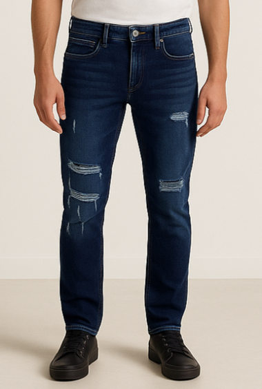 Distressed Slim-Fit Dark Blue Jeans