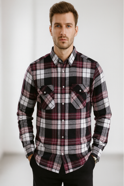 Burgundy & Grey Checked Shirt
