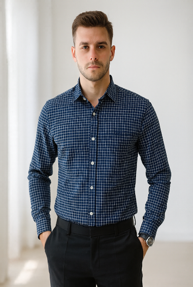 Navy Blue Micro-Checkered Shirt