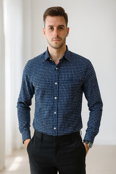 Navy Blue Micro-Checkered Shirt