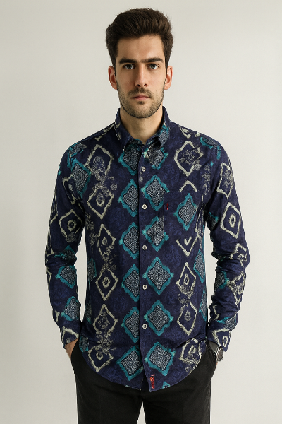 Navy Blue Geometric Print Shirt