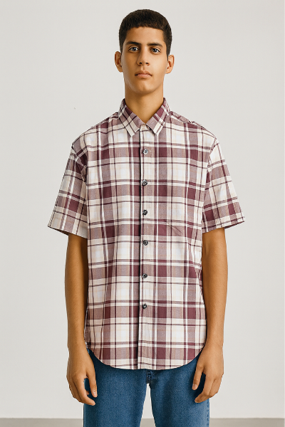 Maroon & White Checked Short-Sleeve Shirt
