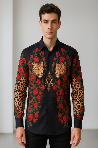 Black Floral & Leopard Print Long-Sleeve Statement Shirt