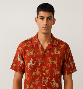 Rust Red Horse Print Cuban Collar Shirt