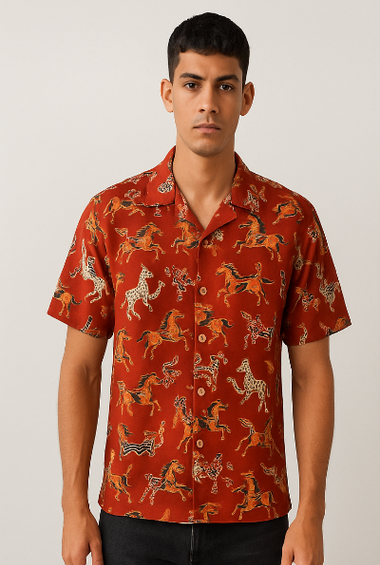 Rust Red Horse Print Cuban Collar Shirt