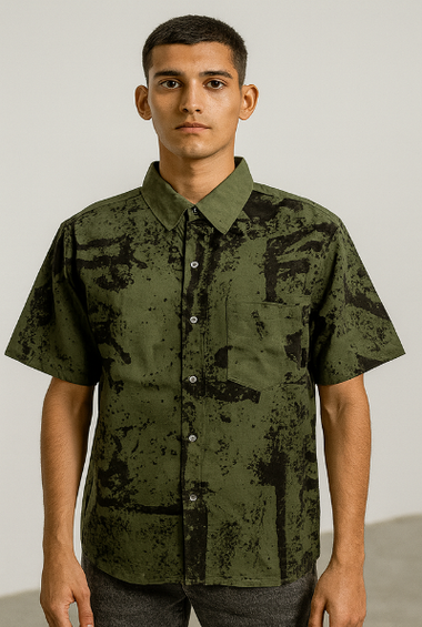 Olive Green Splatter Print Shirt
