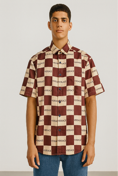 Burgundy &amp; Beige “Versace” Check Shirt