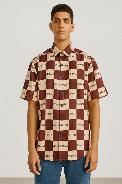 Burgundy & Beige “Versace” Check Shirt