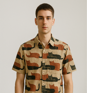 Beige Graphic Cat Print Shirt