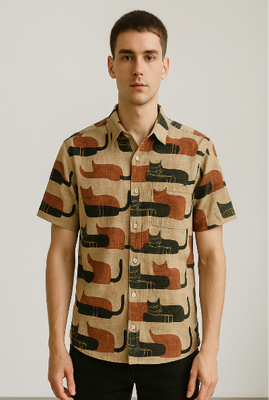 Beige Graphic Cat Print Shirt