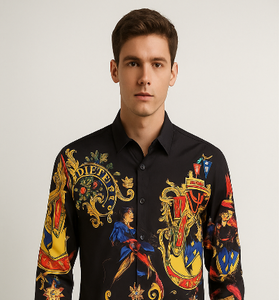 Black Baroque Regal Print Long-Sleeve Shirt