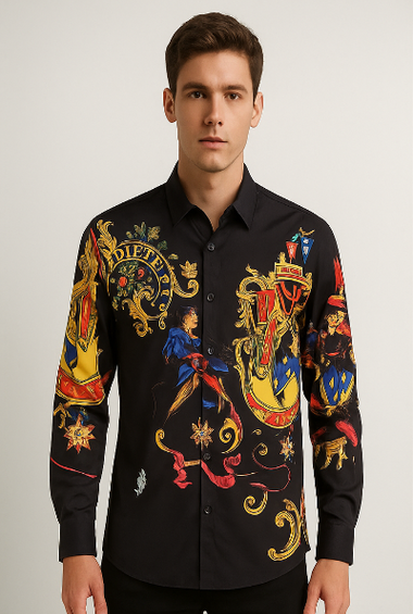 Black Baroque Regal Print Long-Sleeve Shirt