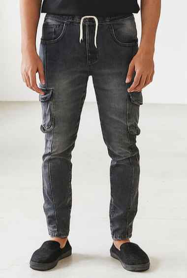 Black Washed Slim-Fit Cargo Jeans