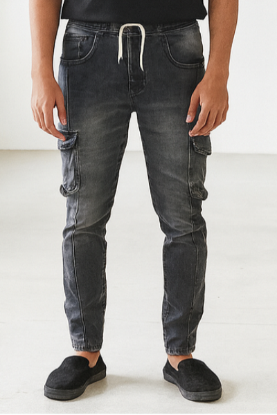Black Washed Slim-Fit Cargo Jeans