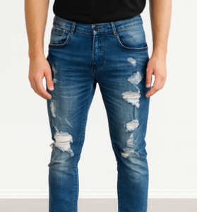 Blue Distressed Slim-Fit Jeans