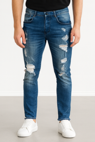 Blue Distressed Slim-Fit Jeans
