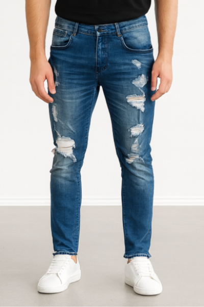 Blue Distressed Slim-Fit Jeans