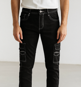 Black Slim-Fit Cargo Jeans with Contrast Stitching