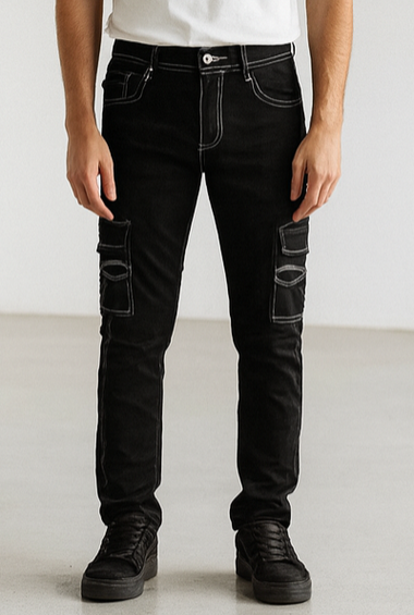 Black Slim-Fit Cargo Jeans with Contrast Stitching