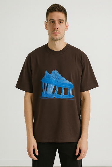 Brown Graphic T-Shirt with Blue Sneaker Print