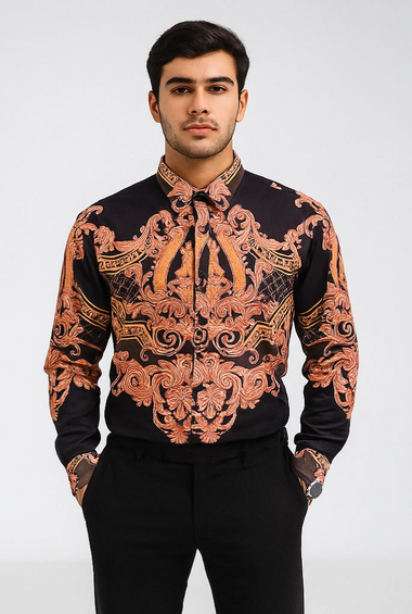 Men’s Black & Copper Baroque Print Shirt