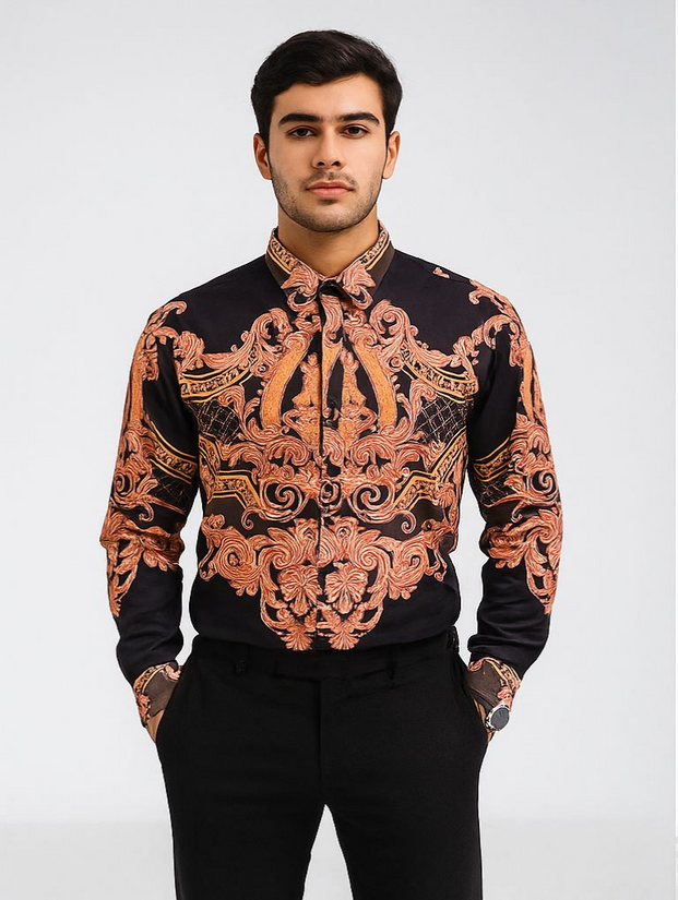 Men’s Black & Copper Baroque Print Shirt
