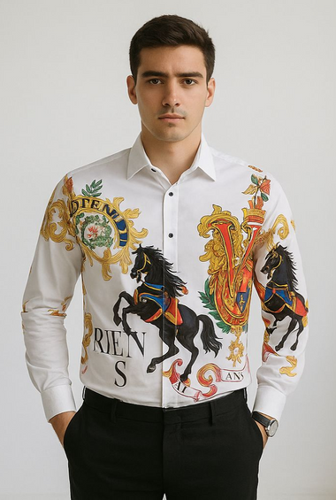 Men’s Royal Crest Printed Designer Shirt with Black Horse Motif