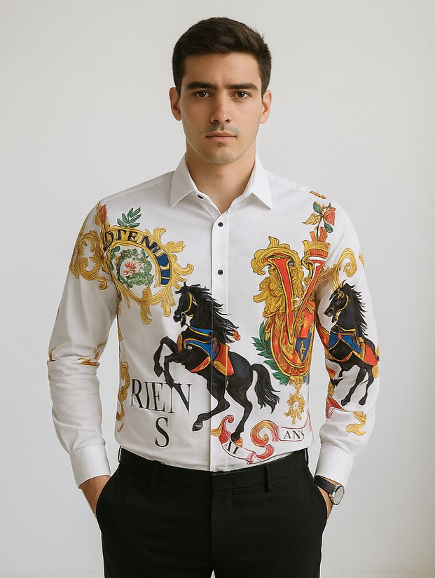 Men’s Royal Crest Printed Designer Shirt with Black Horse Motif