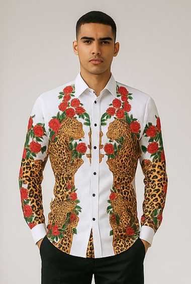 Men’s Designer Printed Shirt with Leopard & Rose Pattern