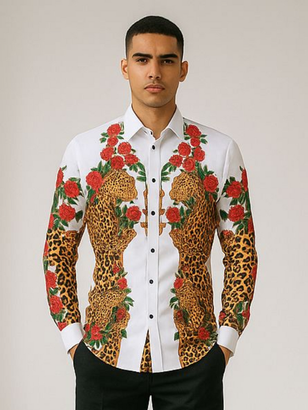 Men’s Designer Printed Shirt with Leopard & Rose Pattern