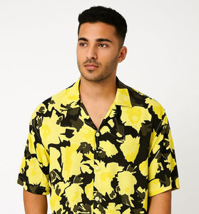 Men’s Yellow & Black Floral Printed Short Sleeve Shirt