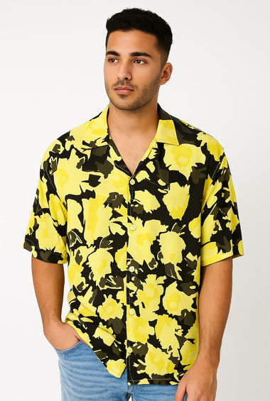 Men’s Yellow & Black Floral Printed Short Sleeve Shirt
