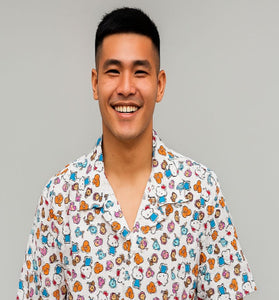 Men’s White Cartoon Print Cuban Collar Shirt