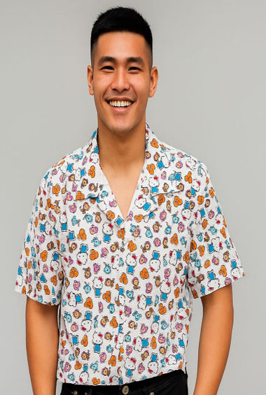 Men’s White Cartoon Print Cuban Collar Shirt
