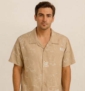 Beige Cuban Collar Cartoon Print Shirt for Men