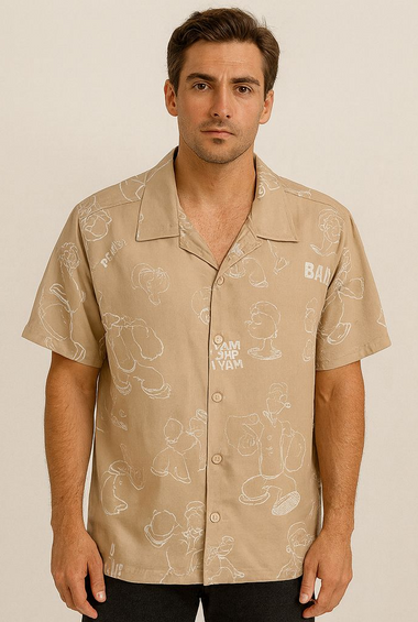 Beige Cuban Collar Cartoon Print Shirt for Men