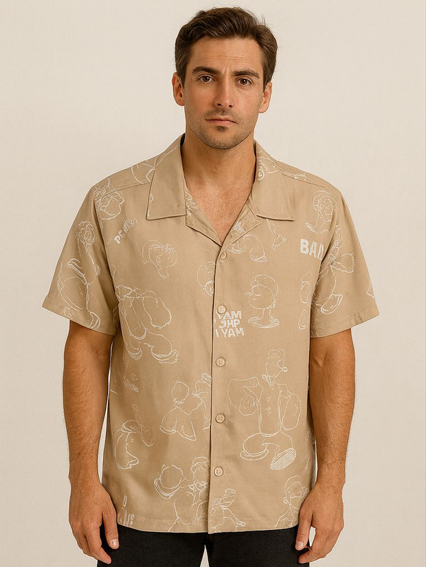 Beige Cuban Collar Cartoon Print Shirt for Men