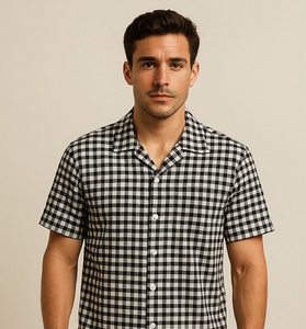 Classic Black & White Checkered Cuban Collar Shirt for Men