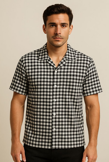 Classic Black & White Checkered Cuban Collar Shirt for Men