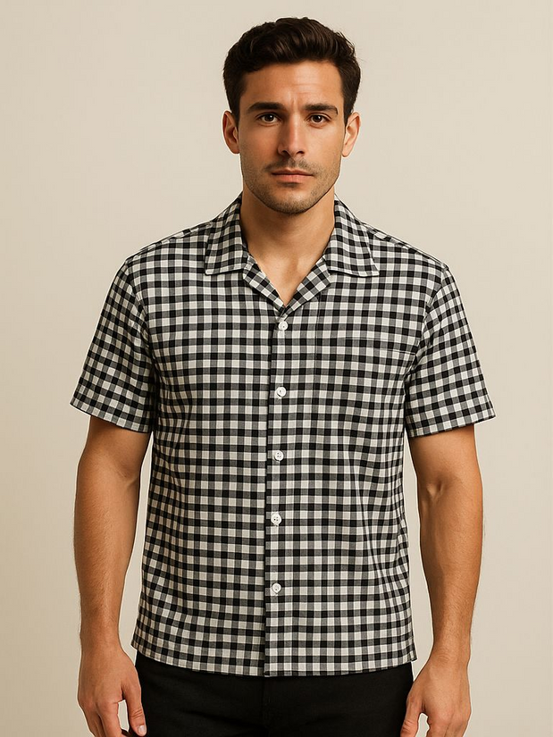 Classic Black & White Checkered Cuban Collar Shirt for Men