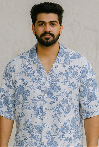 Men’s White & Blue Floral Print Casual Shirt