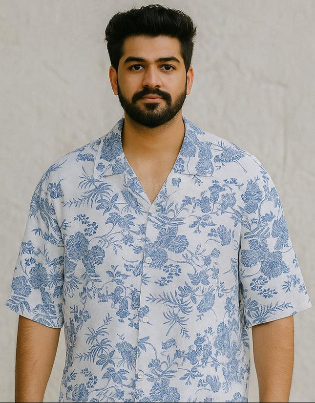 Men’s White & Blue Floral Print Casual Shirt