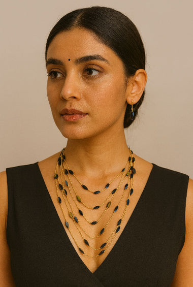 Elegant Multi-Layered Gold Necklace with Black Bead Accents